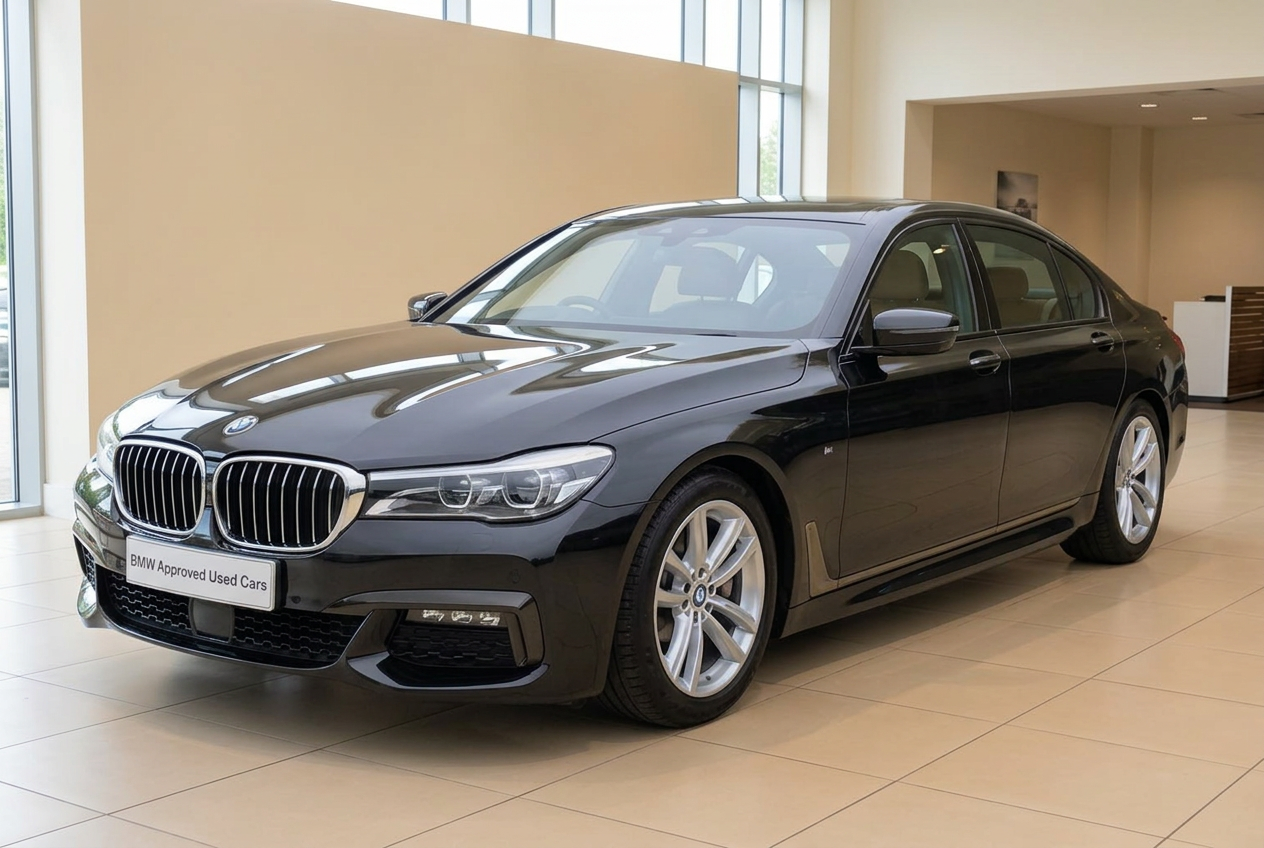 The same black BMW 7 Series placed inside a bright beige tiled dealership showroom