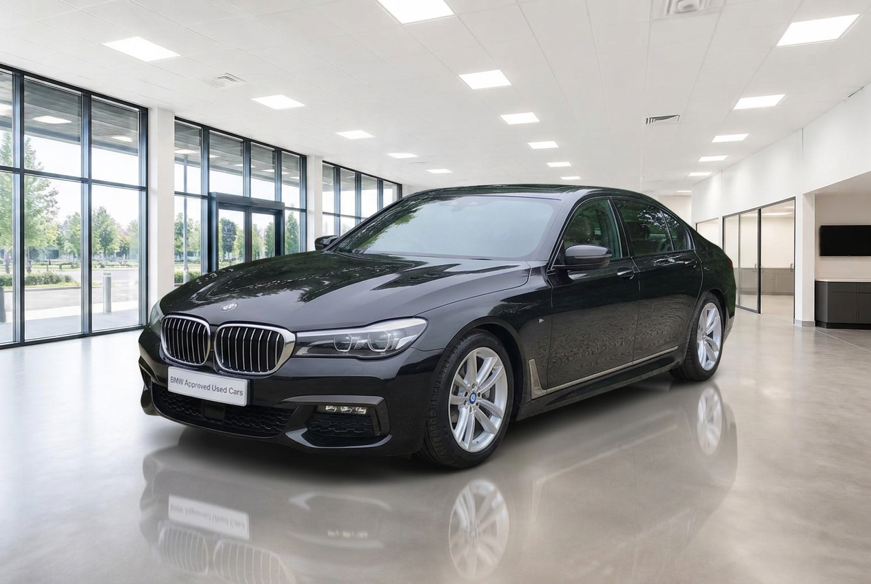 The same black BMW 7 Series placed inside a bright white dealership showroom