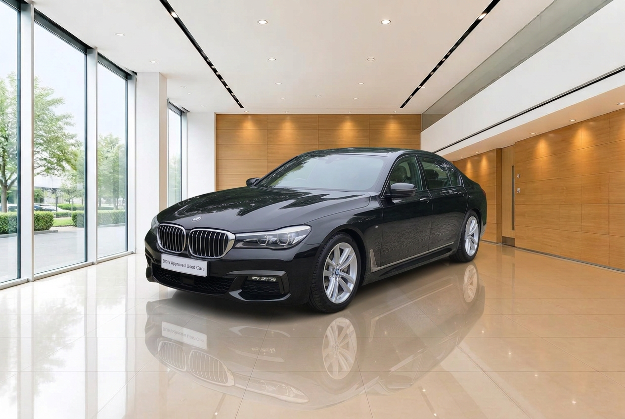 The same black BMW 7 Series placed inside a wood-panelled dealership showroom