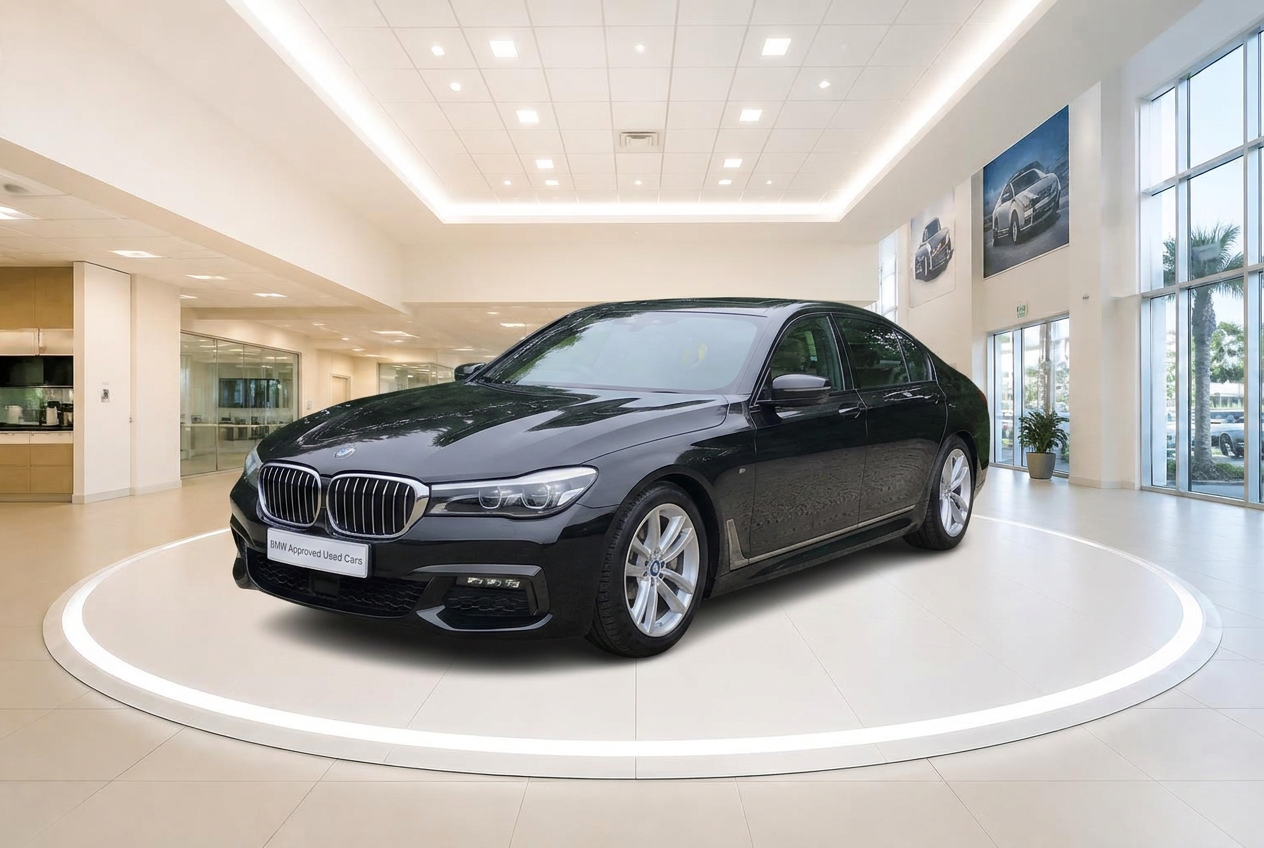 The same black BMW 7 Series on a lit turntable inside a bright dealership showroom