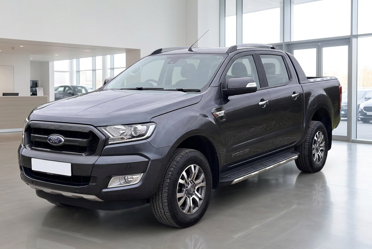 The same Ford Ranger pickup placed in a bright dealership showroom