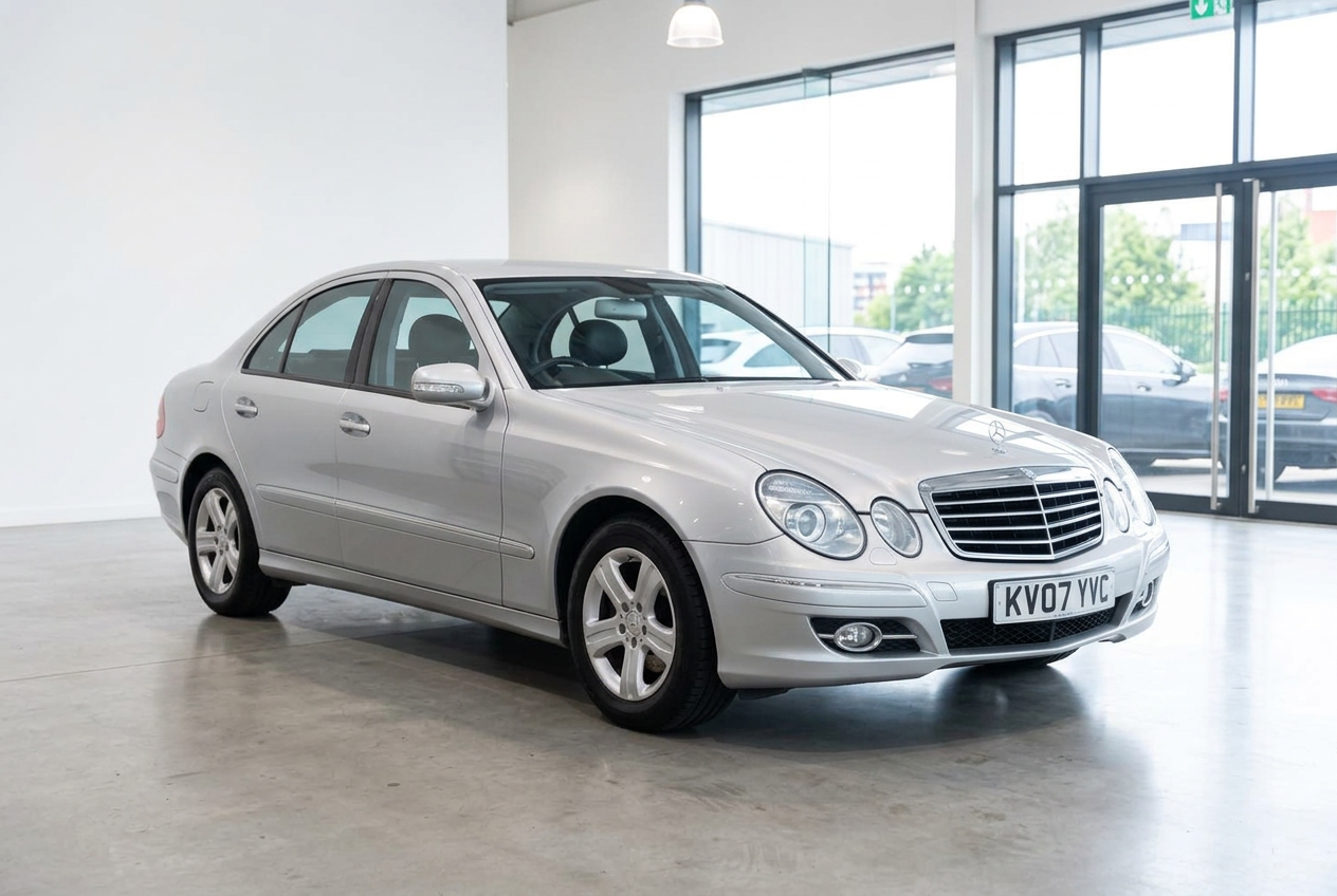 The same Mercedes-Benz E-Class placed in a bright dealership showroom