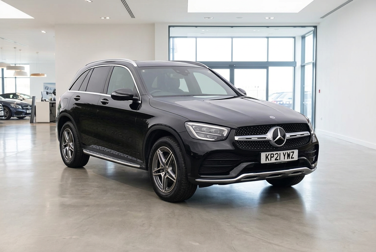The same Mercedes-Benz GLC SUV placed in a bright dealership showroom