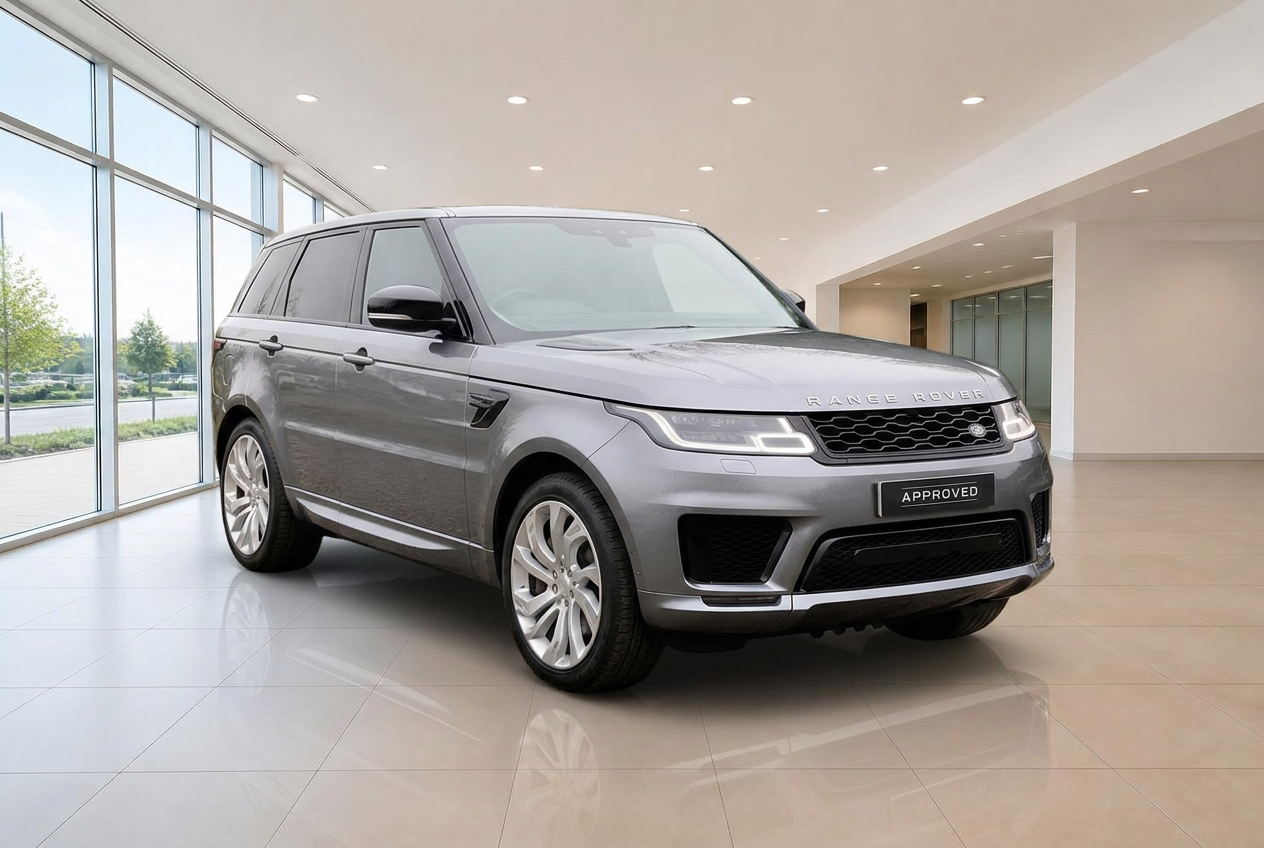 The same silver Range Rover Sport placed in a bright dealership showroom